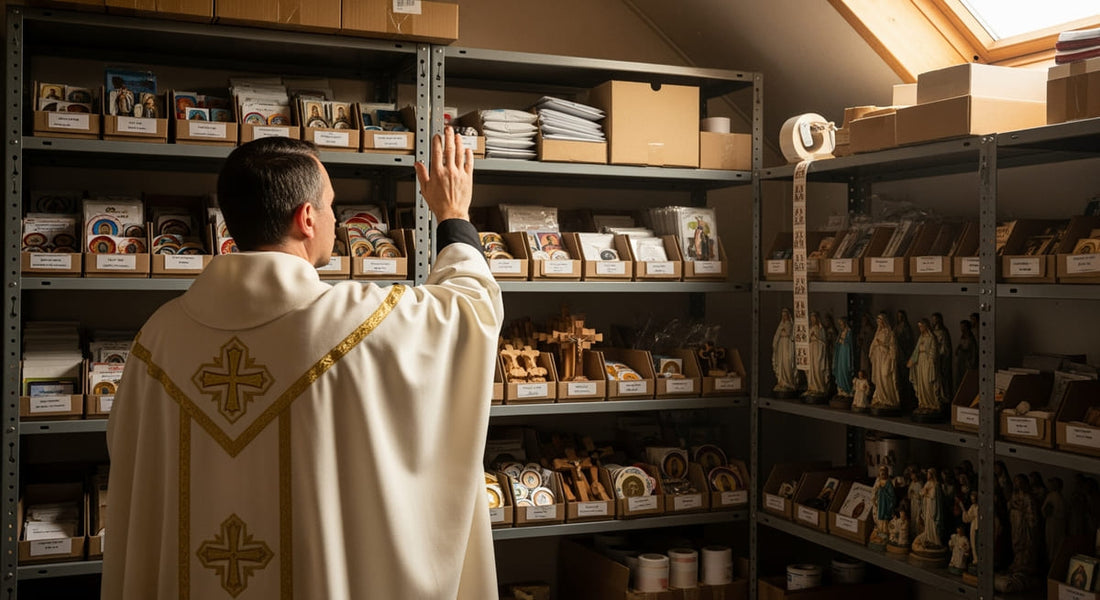 Kaplan spricht Segensgebet über Pakete