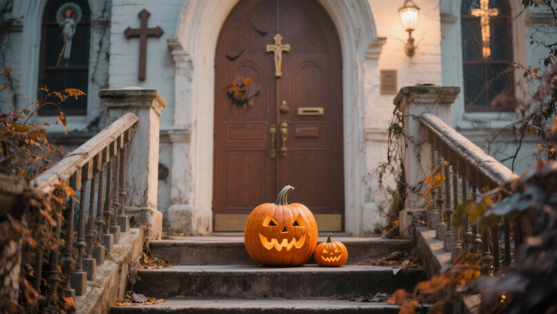Kerze und Kürbis vor Kirche – Symbol für Halloween und Allerheiligen