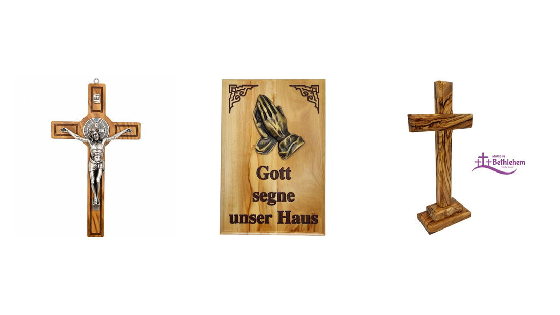 Crucifijo de madera de olivo, cuadro de bendición del hogar y cruz de sobremesa de madera de olivo como ideas de regalo para el párroco