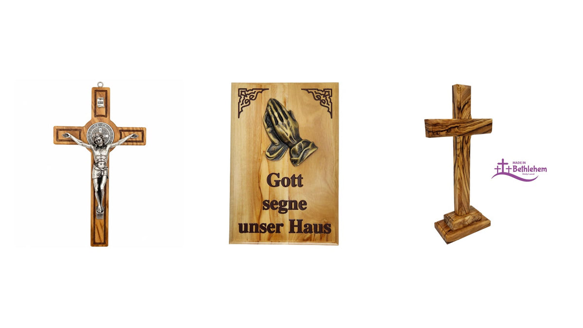 Crucifijo de madera de olivo, cuadro de bendición del hogar y cruz de sobremesa de madera de olivo como ideas de regalo para el párroco