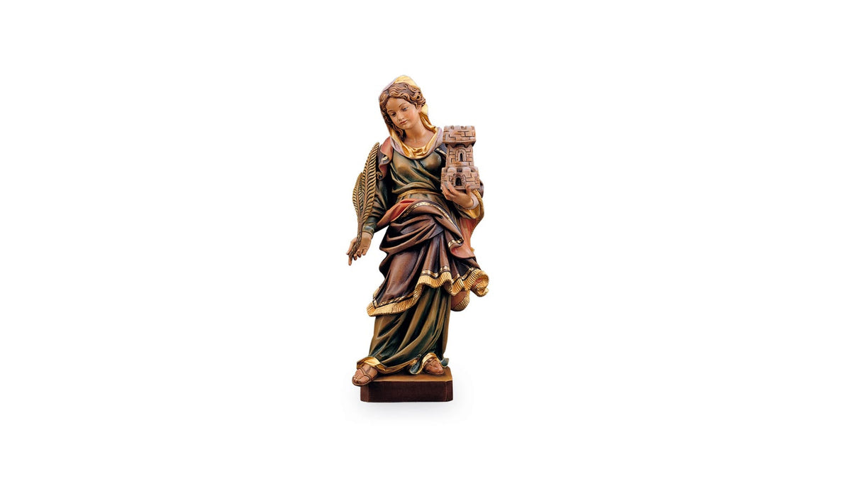 Statue en bois polychrome de sainte Barbe avec calice et tour
