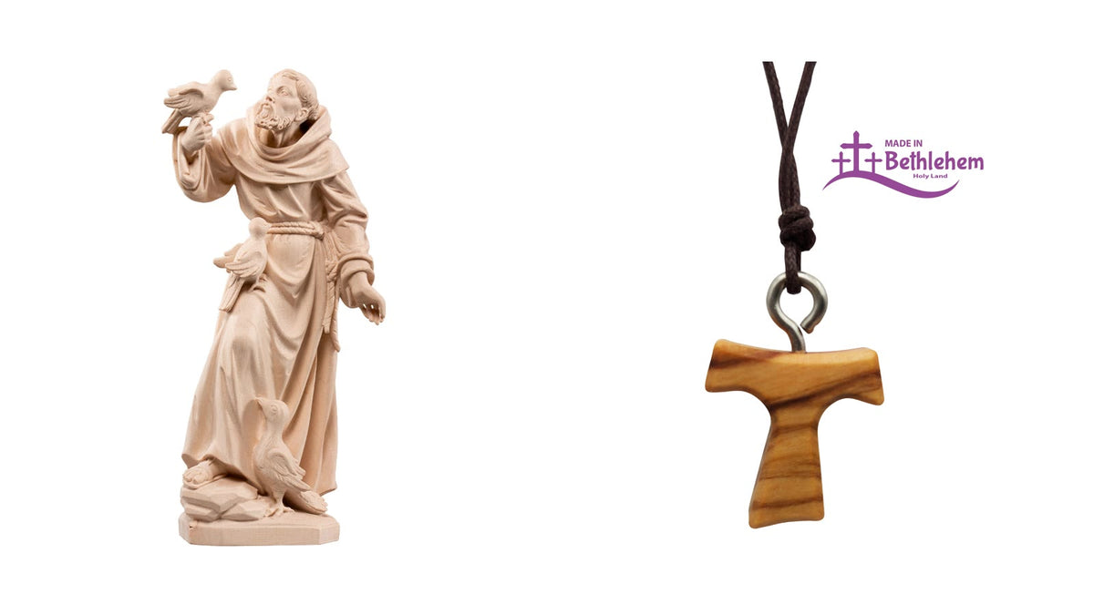 Statue en bois de saint François d'Assise avec un oiseau et croix Tau en bois d'olivier