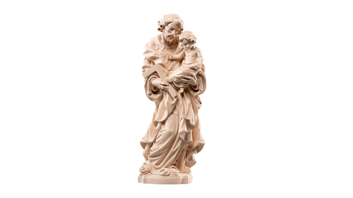 Statue en bois naturel de saint Joseph portant l'Enfant Jésus dans les bras