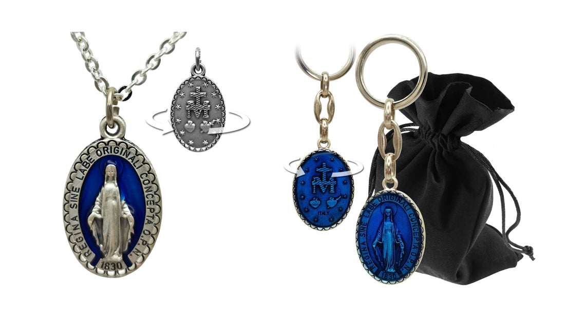 Médaille miraculeuse bleue et argentée en collier et en porte-clés