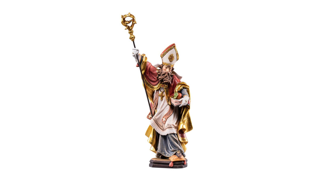 Statue en bois polychrome de saint Nicolas en habit d'évêque avec crosse