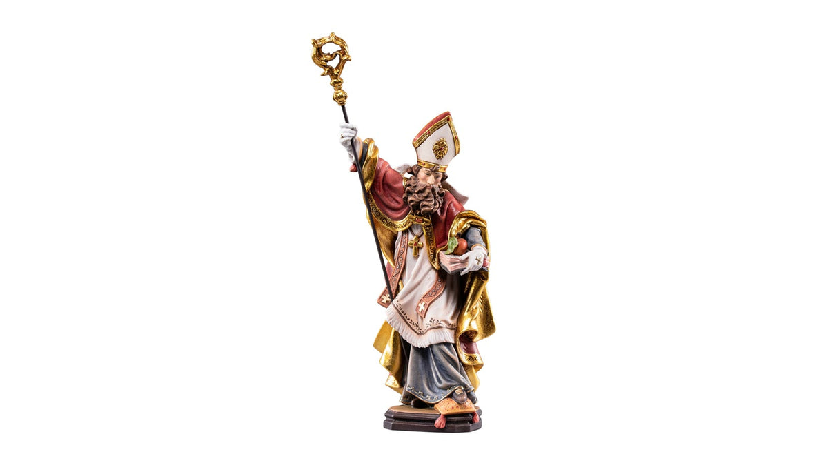 Statue en bois polychrome de saint Nicolas en habit d'évêque avec crosse