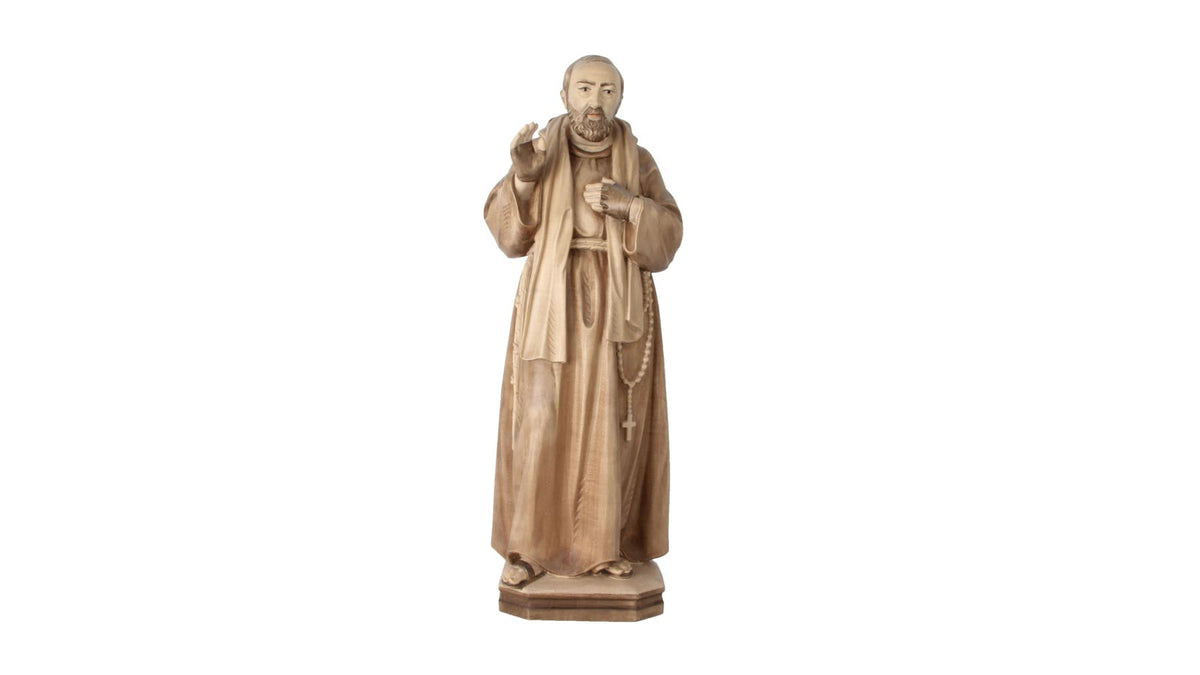 Statue en bois naturel de Padre Pio en habit de capucin