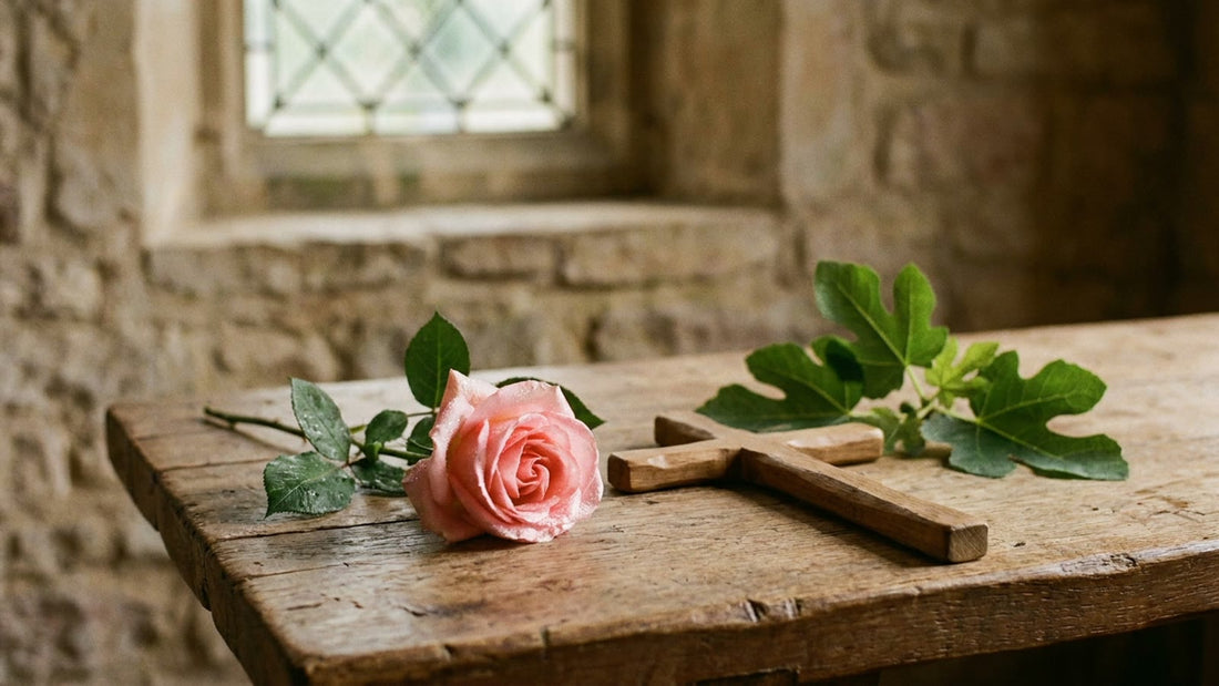 Une rose rose, des feuilles de figuier et une simple croix en bois sur une vieille table en bois