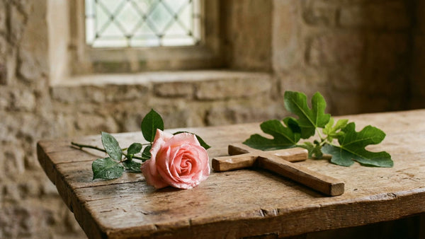 Une rose rose, des feuilles de figuier et une simple croix en bois sur une vieille table en bois