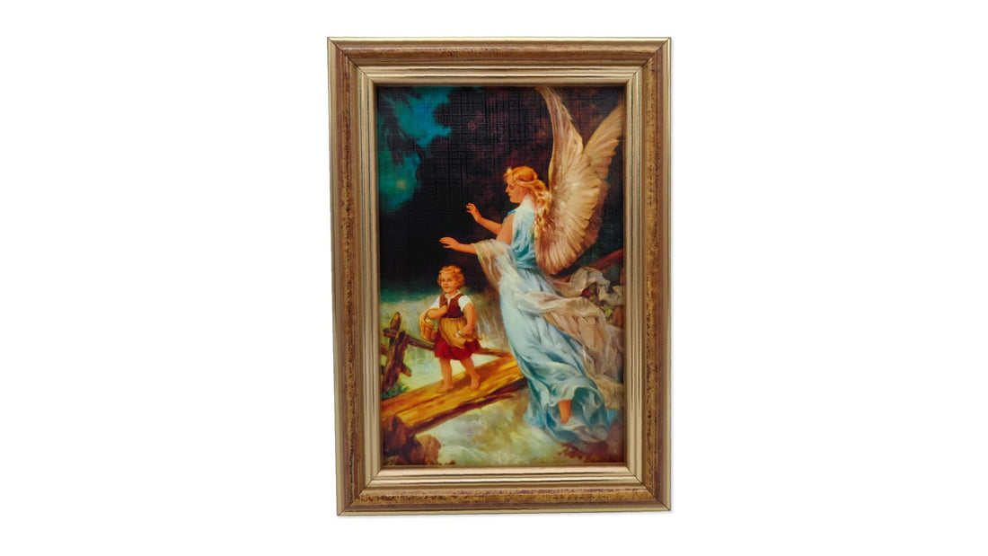 Tableau d'ange gardien dans un cadre en bois : un ange accompagne un enfant sur un pont