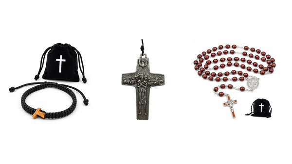Paracord-Armband mit Holzkreuz, Kreuzanhänger Guter Hirte und Holz-Rosenkranz als Kommuniongeschenke für Jungen
