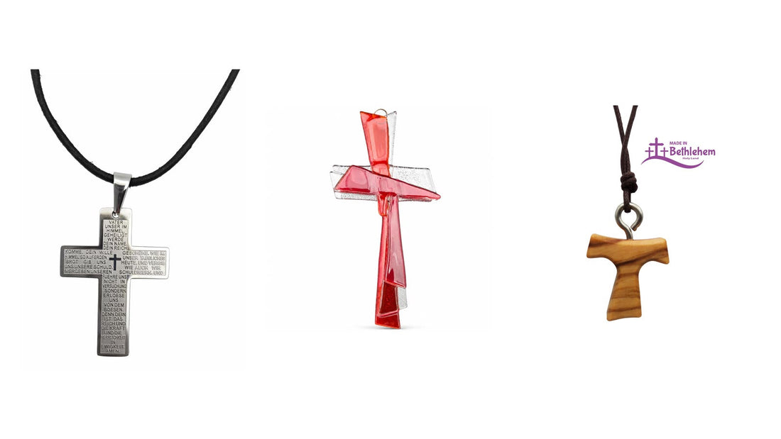 Collar de cruz con Padrenuestro, cruz de cristal transparente y collar de madera de olivo con cruz tau como regalos de confirmación protestante