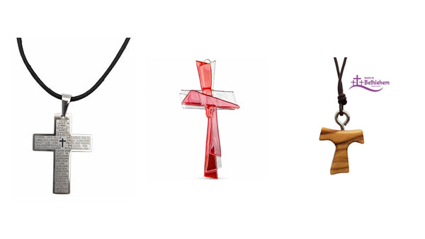 Vaterunser-Kreuzkette, transparentes Glaskreuz und Olivenholz-Kette mit Tau-Kreuz als Konfirmationsgeschenke