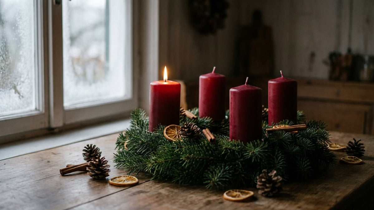 Adventskranz aus Tannengrün mit vier roten Kerzen, die erste brennt