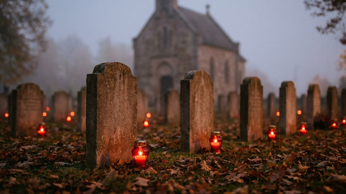 Cimetière au crépuscule en novembre avec des lumignons rouges sur les tombes et des feuilles d'automne