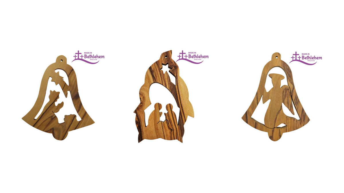 Trois pendentifs de Noël en bois d'olivier : cloche avec crèche, Sainte Famille et ange