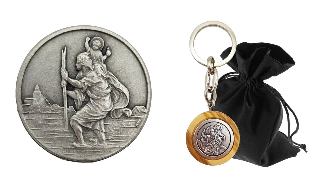 Médaille saint Christophe pour voiture et porte-clés saint Christophe en bois d'olivier