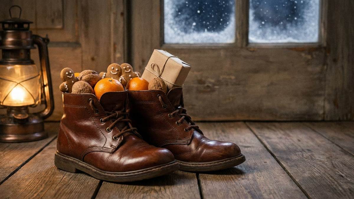 Gefüllte Stiefel mit Nüssen, Mandarinen und Lebkuchen vor einer Holztür am Nikolausabend