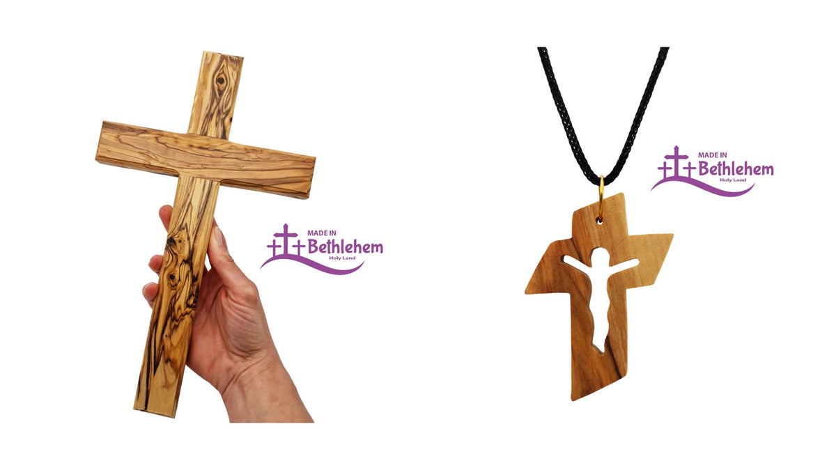 Croix murale en bois d'olivier et collier croix avec Christ, cadeau de parrain