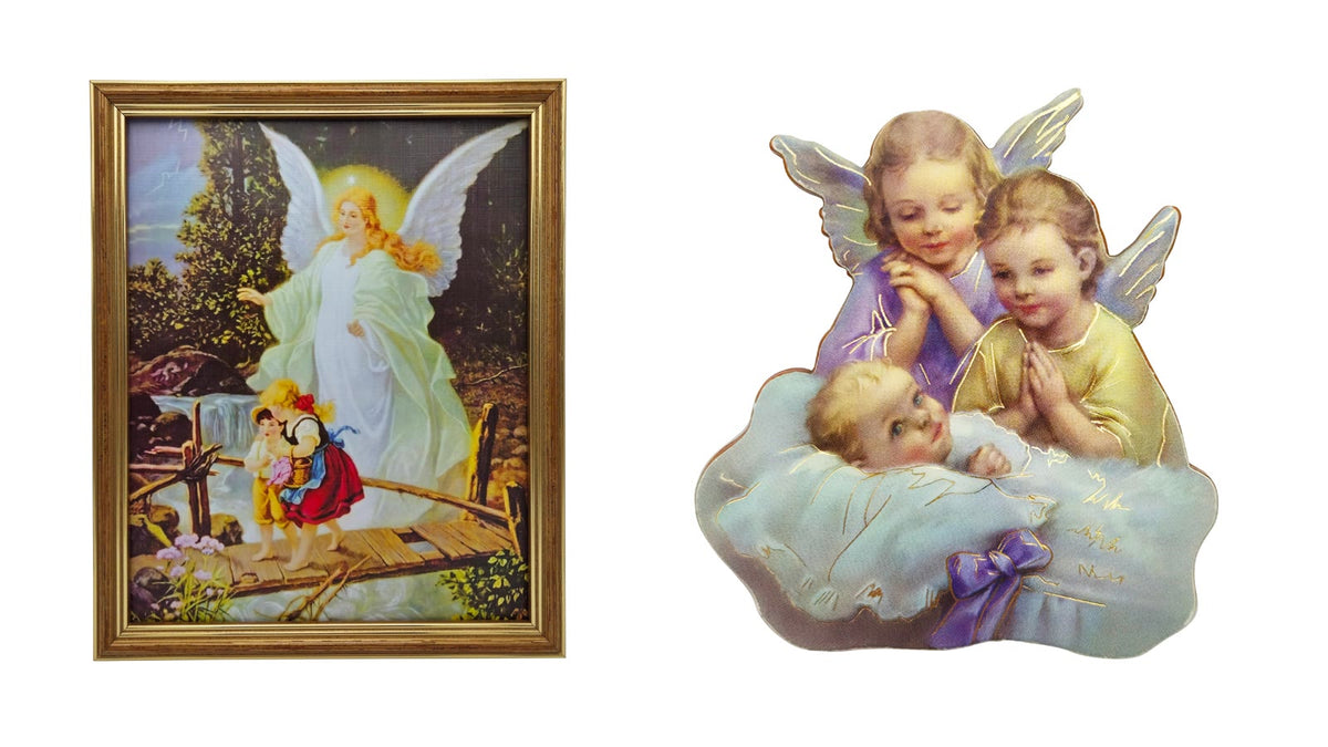 Tableau mural d'ange gardien dans un cadre en bois et petit aimant ange gardien