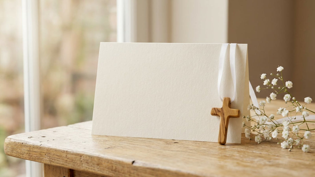 Carte de vœux vierge avec une petite croix en bois d'olivier et de la gypsophile sur une table en bois claire
