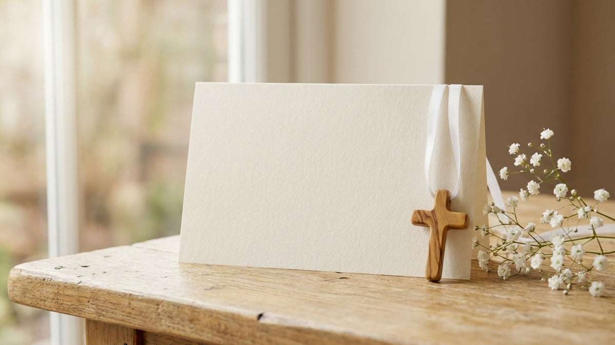 Carte de vœux vierge avec une petite croix en bois d'olivier et de la gypsophile sur une table en bois claire