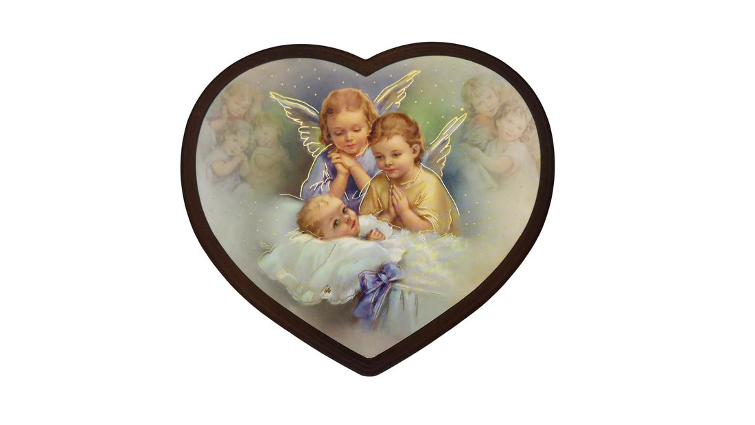 Tableau d'ange gardien en forme de cœur : deux anges veillent sur un bébé endormi