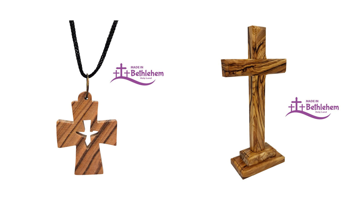 Collier croix en bois d'olivier avec colombe et croix à poser en bois d'olivier, cadeau de communion