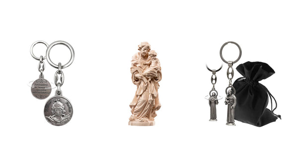 Schlüsselanhänger Hl. Florian, Holzfigur Hl. Josef mit Kind und Schlüsselanhänger Hl. Antonius als Namenstag-Geschenke
