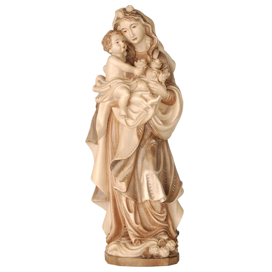 Rosenmadonna mit Kind – handgeschnitzte Holzfigur, Ausführung mehrfarbig gebeizt