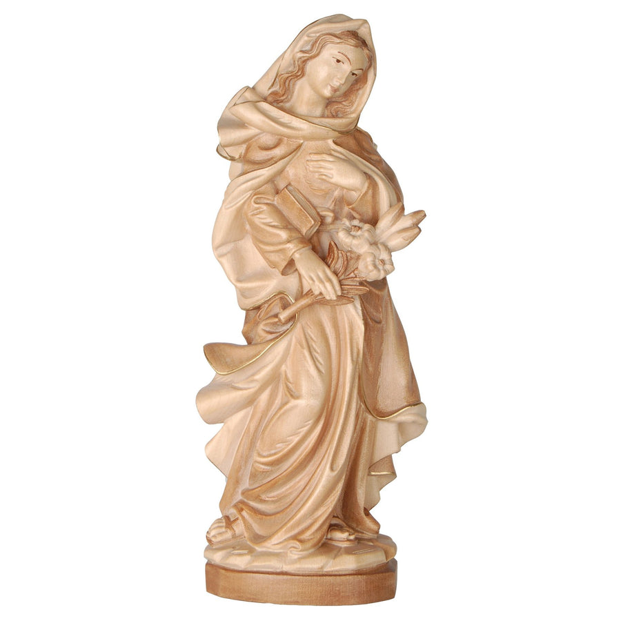 Madonna Immacolata mit Lilie – handgeschnitzte Holzfigur, Ausführung mehrfarbig gebeizt