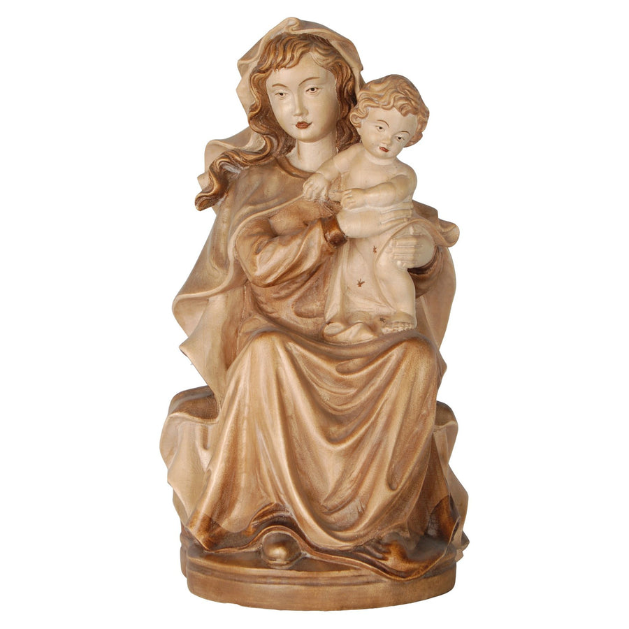 Sitzende Madonna mit Kind – handgeschnitzte Holzfigur aus Südtirol, Ausführung mehrfarbig gebeizt