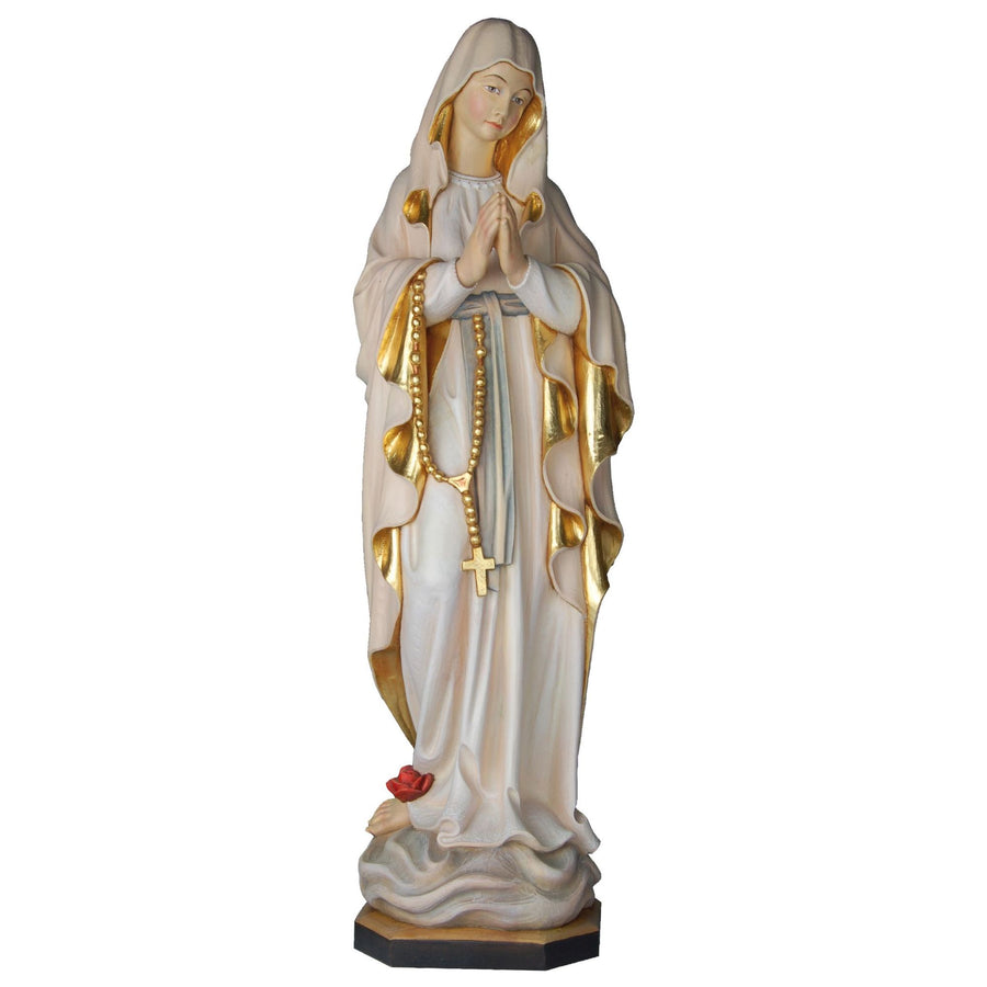 Vierge en prière avec chapelet – statue en bois sculptée à la main, finition peinte à la main