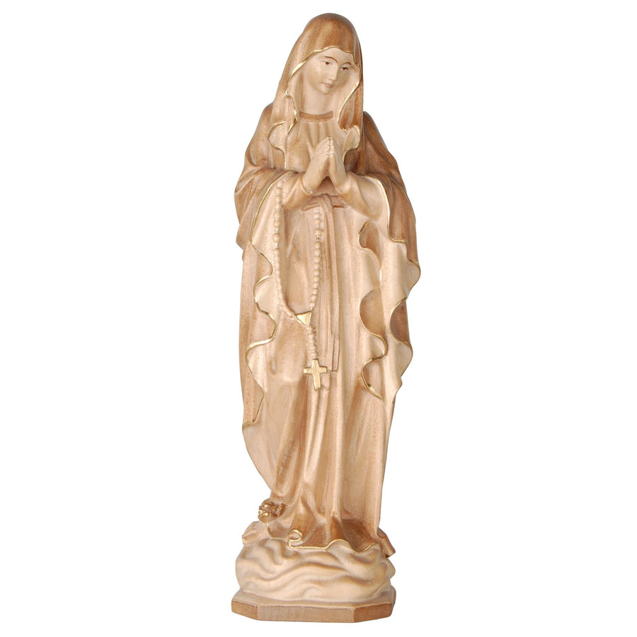 Vierge en prière avec chapelet – statue en bois sculptée à la main, finition teintée polychrome