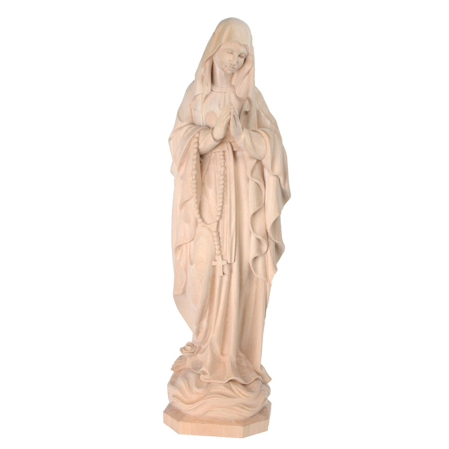 Vierge en prière avec chapelet – statue en bois sculptée à la main, finition naturelle