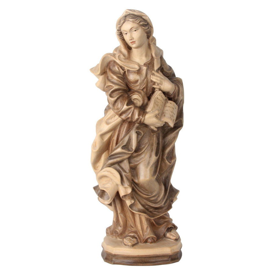 Virgen «Madre de la Sabiduría» – talla de madera hecha a mano del Tirol del Sur, acabado patinado en varios colores
