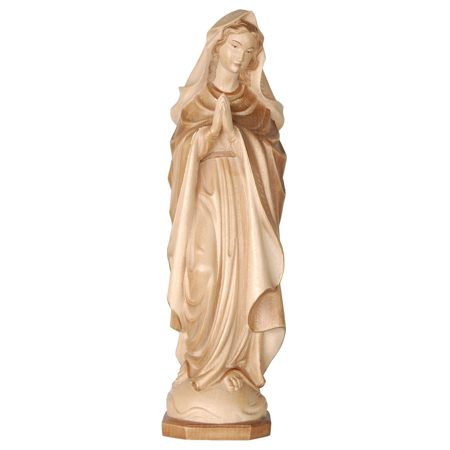 Virgen Inmaculada orante – talla de madera hecha a mano del Tirol del Sur, acabado patinado en varios colores