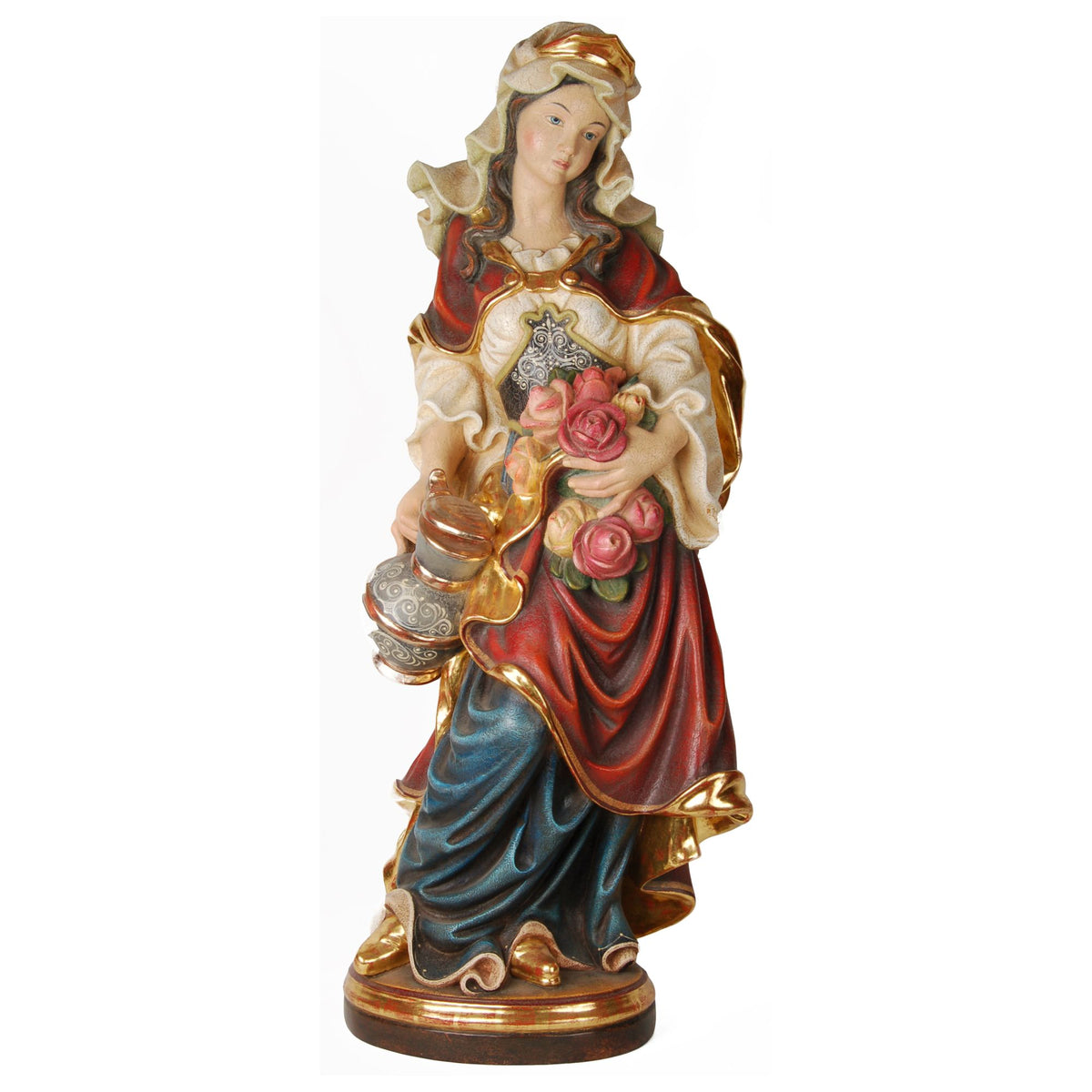 Hl. Elisabeth mit Rosen – handgeschnitzte Holzfigur, Ausführung Echtgold antik