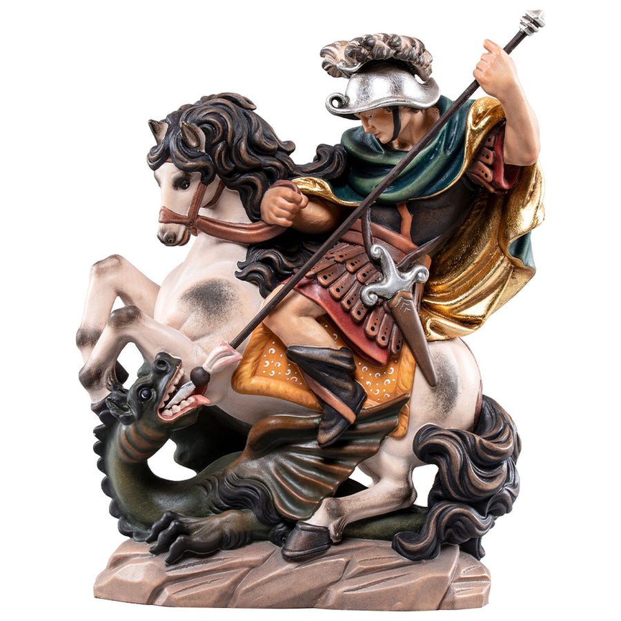 Hl. Georg zu Pferd – handgeschnitzte Holzfigur, Ausführung handbemalt