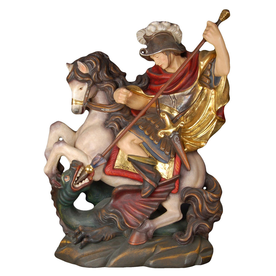 Hl. Georg zu Pferd – handgeschnitzte Holzfigur, Ausführung Echtgold