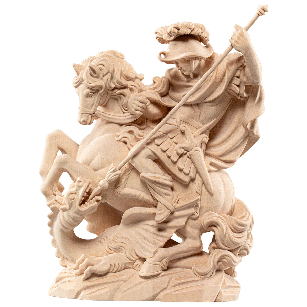 Hl. Georg zu Pferd – handgeschnitzte Holzfigur, Ausführung natur