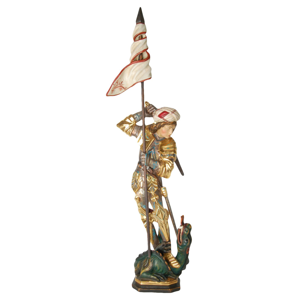 Hl. Georg mit Drache – handgeschnitzte Holzfigur, Ausführung Echtgold