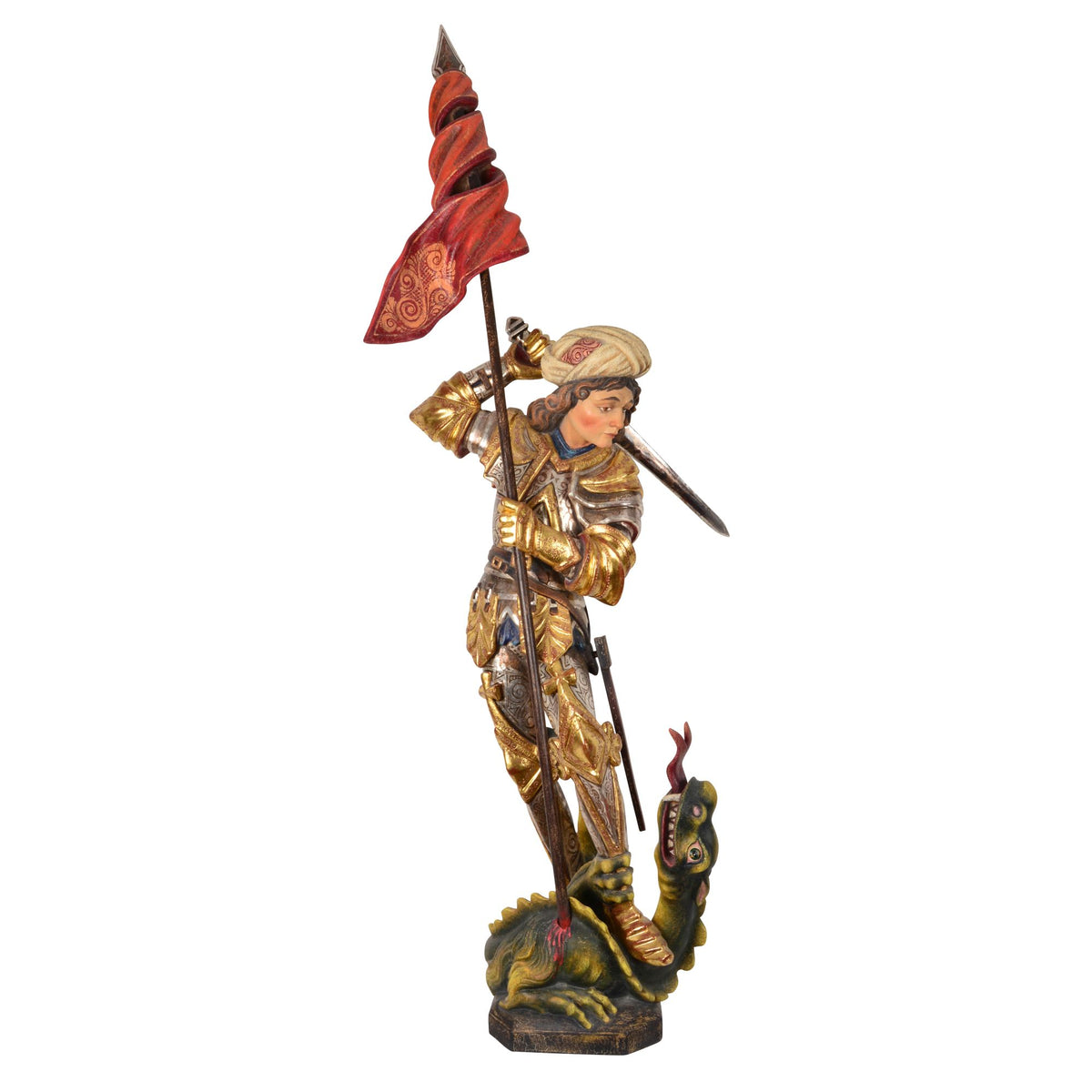 Hl. Georg mit Drache – handgeschnitzte Holzfigur, Ausführung Echtgold antik