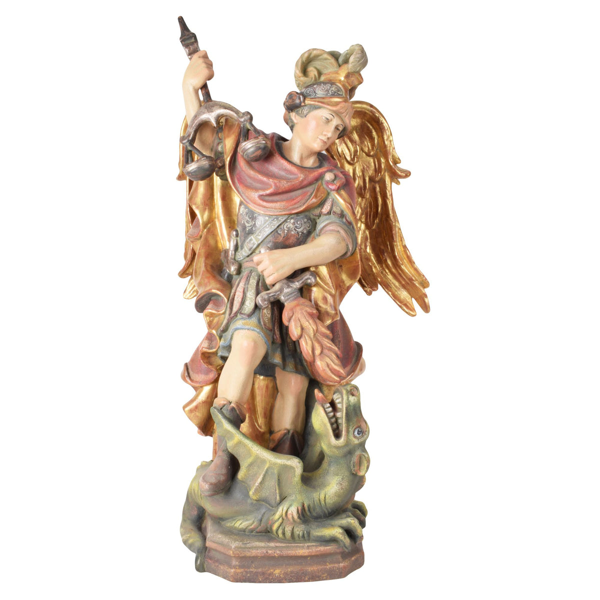 Erzengel Michael mit Waage – handgeschnitzte Holzfigur, Ausführung Echtgold antik