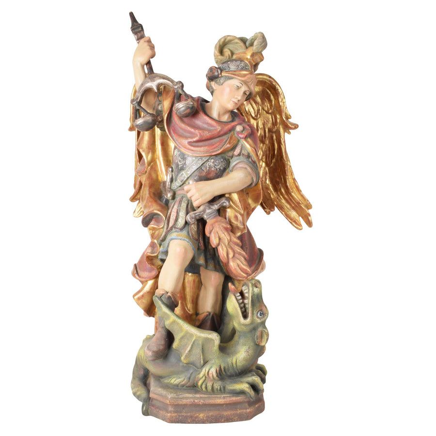 Erzengel Michael mit Waage – handgeschnitzte Holzfigur, Ausführung Echtgold antik
