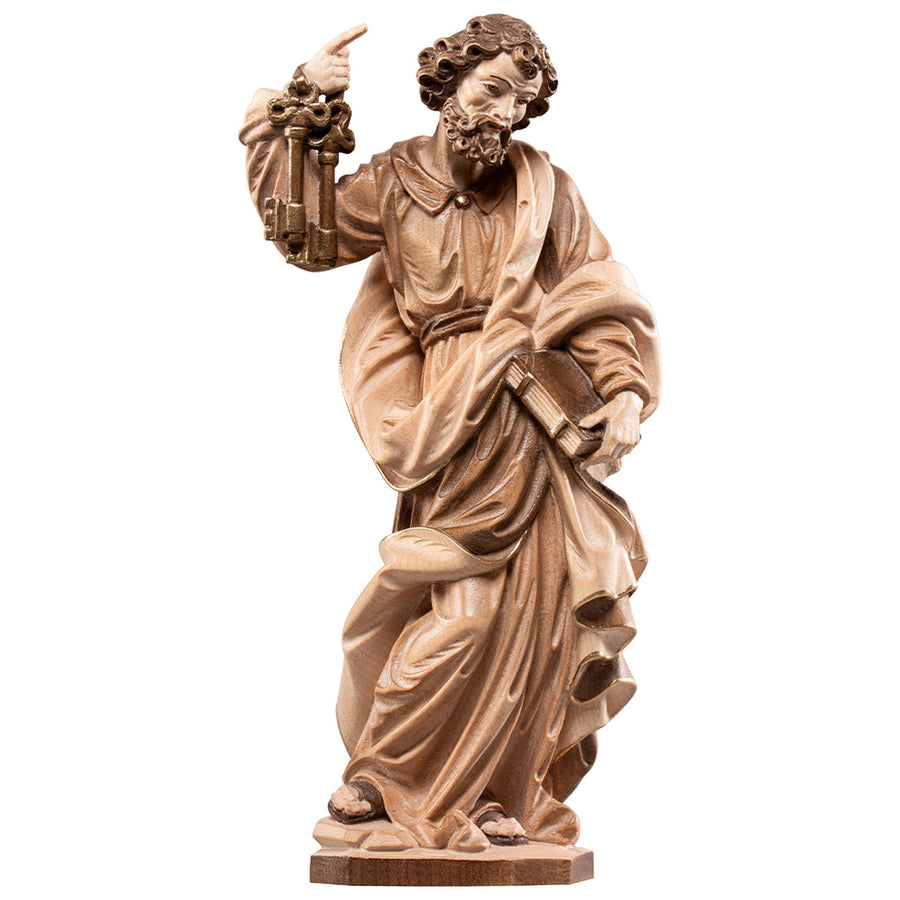 Hl. Petrus mit Schlüsseln – handgeschnitzte Holzfigur, Ausführung mehrfarbig gebeizt