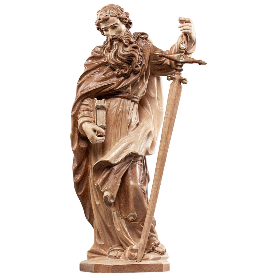 Hl. Paulus mit Schwert – handgeschnitzte Holzfigur, Ausführung mehrfarbig gebeizt