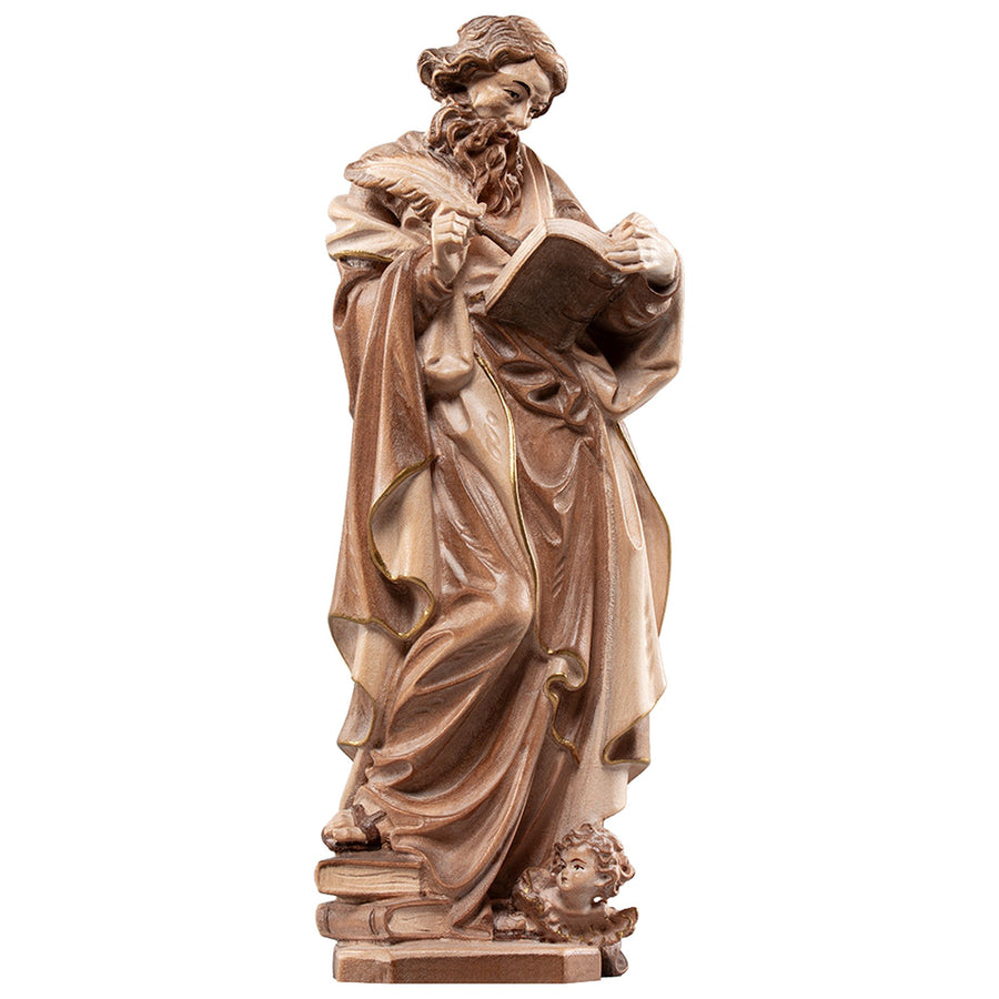 Hl. Matthäus der Evangelist – handgeschnitzte Holzfigur, Ausführung mehrfarbig gebeizt