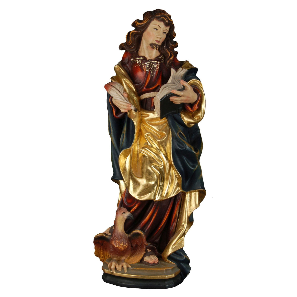 Hl. Johannes der Evangelist mit Adler – handgeschnitzte Holzfigur, Ausführung Echtgold