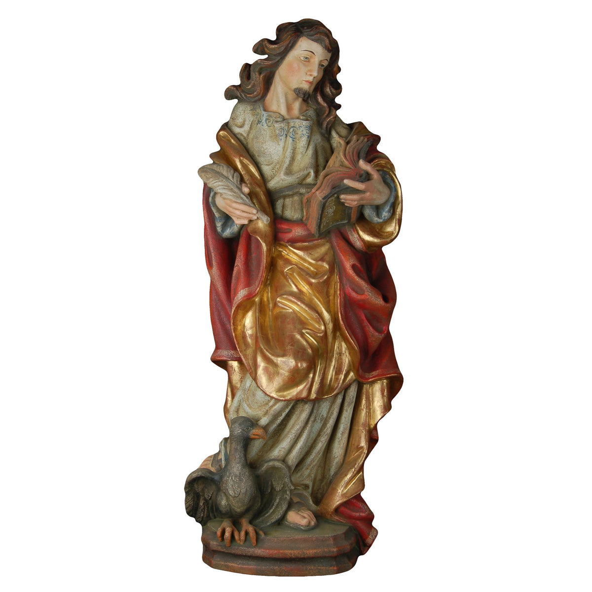 Hl. Johannes der Evangelist mit Adler – handgeschnitzte Holzfigur, Ausführung Echtgold antik